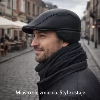 Skórzany czarny kaszkiet męski z osłoną uszu i karku K297A – Polar Fashion - 4