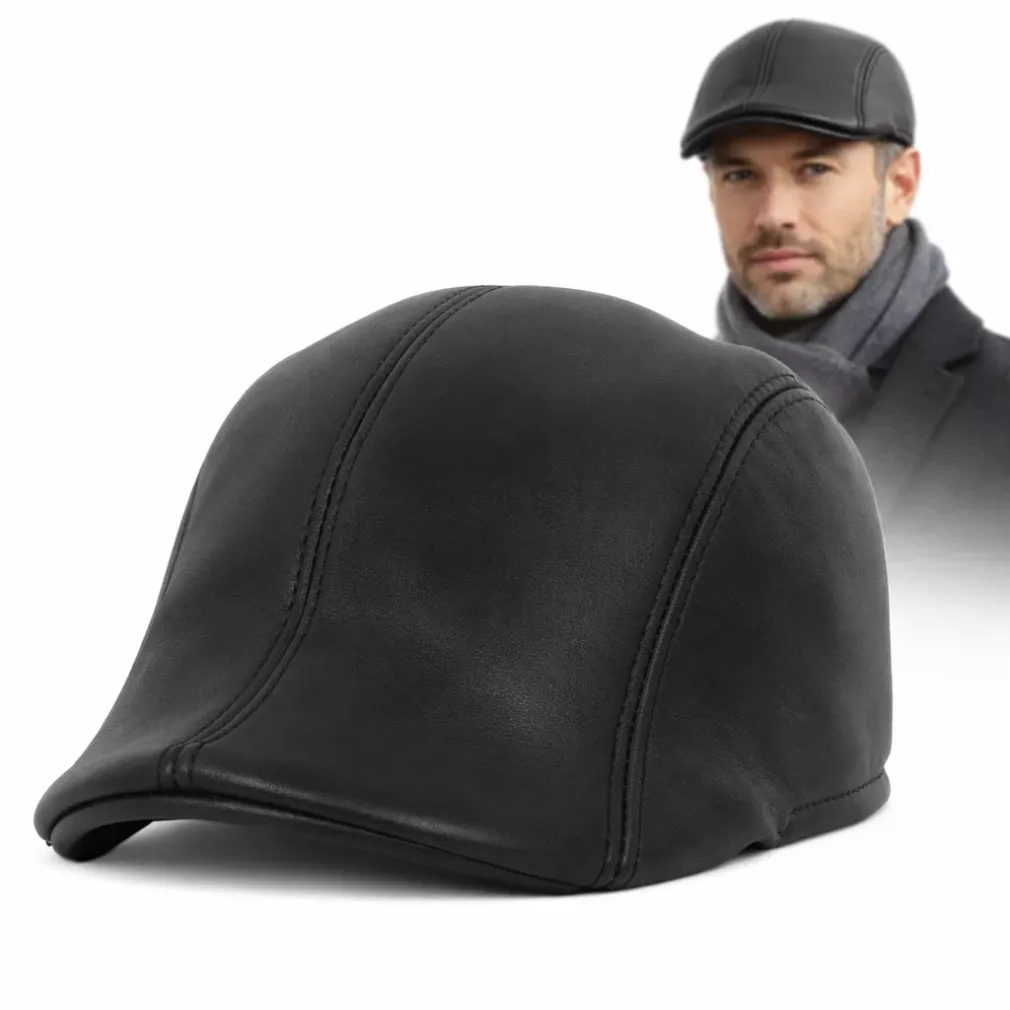 Skórzany czarny kaszkiet męski z osłoną uszu i karku K297A – Polar Fashion