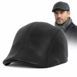 Skórzany czarny kaszkiet męski z osłoną uszu i karku K297A – Polar Fashion