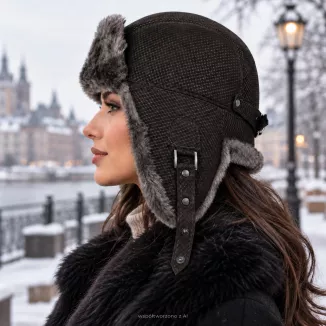 Czapka Zimowa Skórzana Pilotka Uszatka Unisex Futro Naturalna Skóra W533F - 5