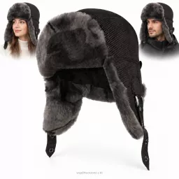 Czapka Zimowa Skórzana Pilotka Uszatka Unisex Futro Naturalna Skóra W533F