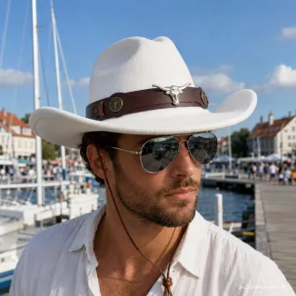 BIAŁY KAPELUSZ KOWBOJSKI WESTERN + OKULARY PILOTKI ZESTAW UNISEX R260E - 3