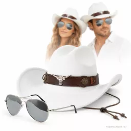 BIAŁY KAPELUSZ KOWBOJSKI WESTERN + OKULARY PILOTKI ZESTAW UNISEX R260E