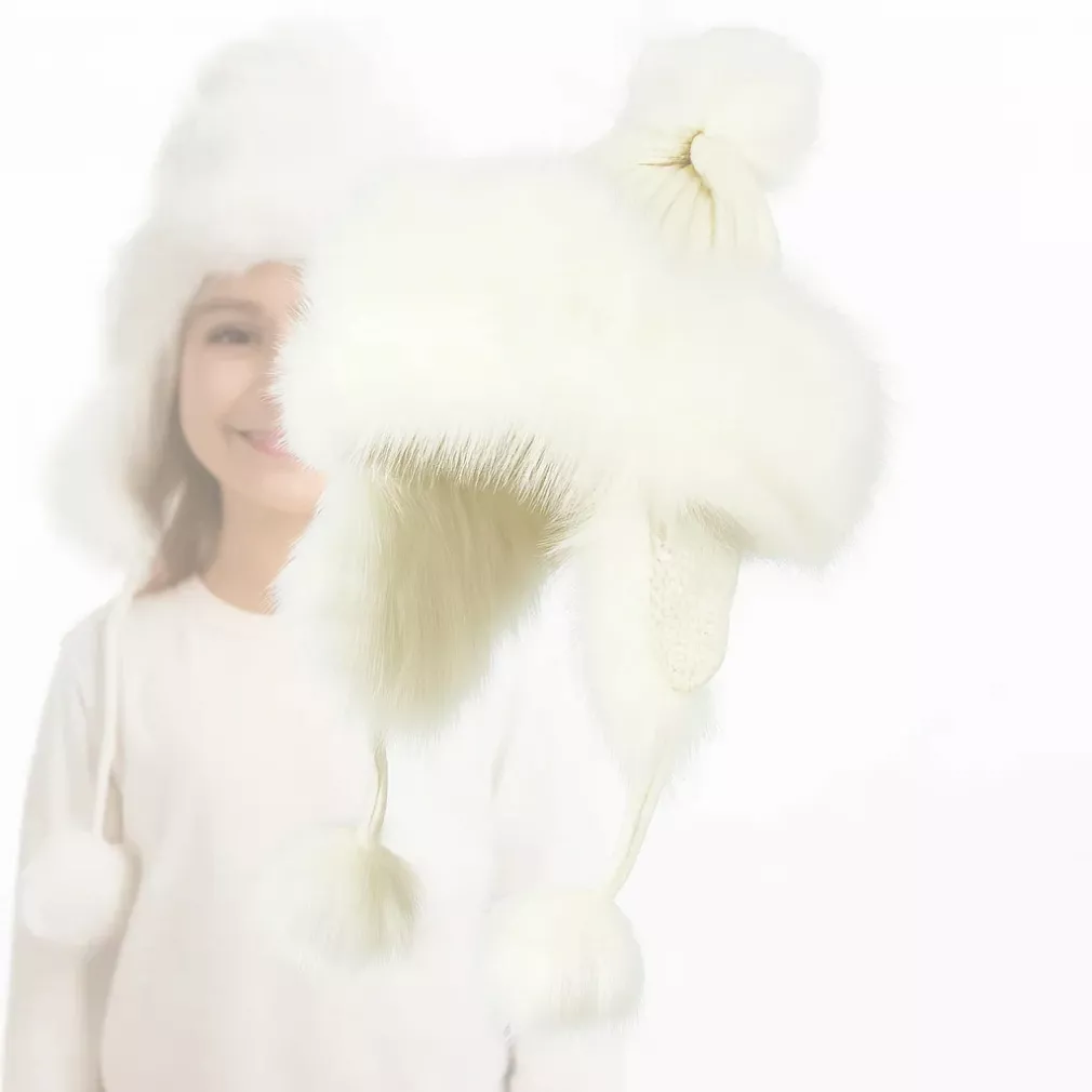 Biała zimowa czapka uszatka W210H ciepła mongołka bajka dla dziewczynki Polar Fashion