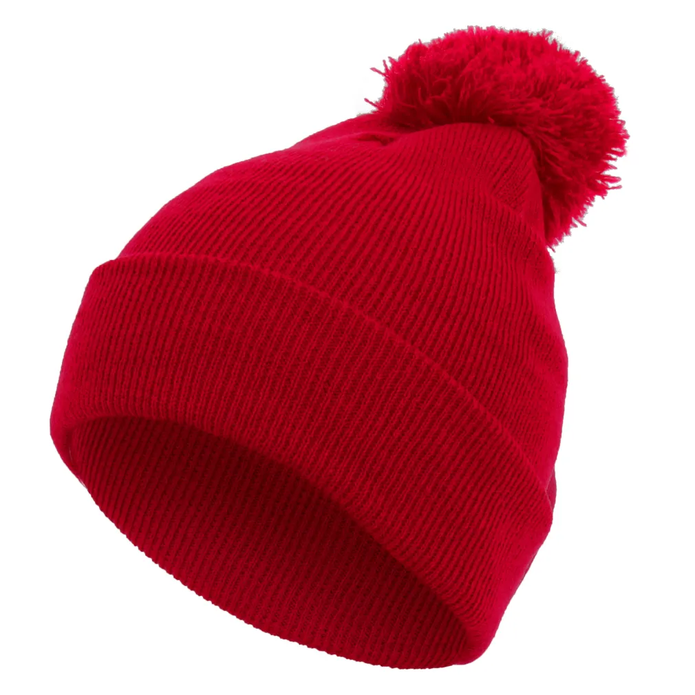 W319C Red Winter Hat Beanie Dwarf Smooth With Neon Pompon Haker