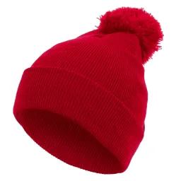 W319C Czerwona czapka zimowa beanie krasnal gładka w neonowe kolory z pompon Haker