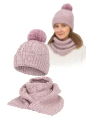 Damski Polar Fashion W475D Różowy Komplet Zimowy Czapka i Szal Dzianinowy