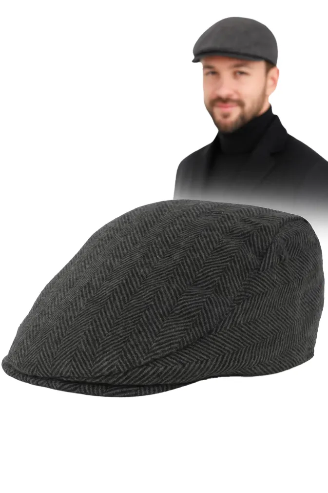 Grafitowy Elegancki Kaszkiet w Jodełkę K280 Polar Fashion  Styl na Chłody