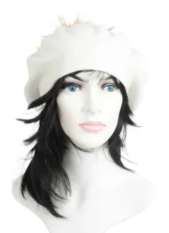 W503A Biały  Beret damski z Naturalnym pomponem - 2