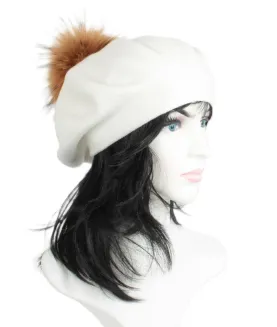 W503A Biały  Beret damski z Naturalnym pomponem - 3