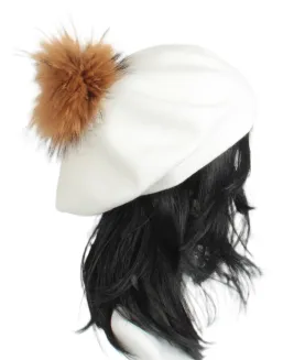 W503A Biały  Beret damski z Naturalnym pomponem - 5