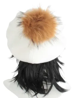 W503A Biały  Beret damski z Naturalnym pomponem - 6
