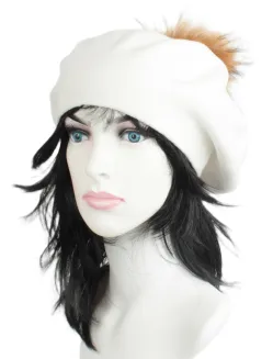 W503A Biały  Beret damski z Naturalnym pomponem - 4