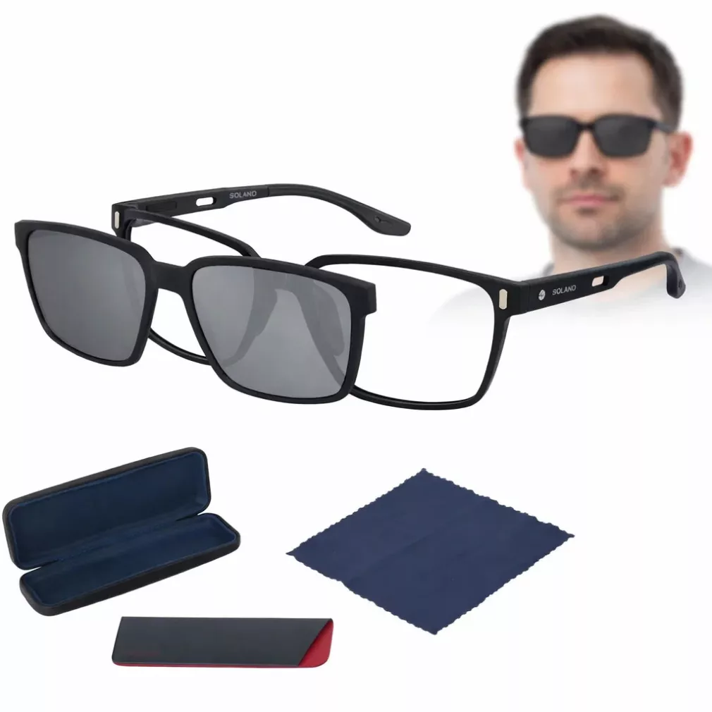 Granatowe Okulary 2w1 Męskie Nakładka Mirror HD Black Gold Solano CL90285C