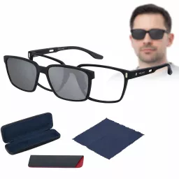 Granatowe Okulary 2w1 Męskie Nakładka Mirror HD Black Gold Solano CL90285C