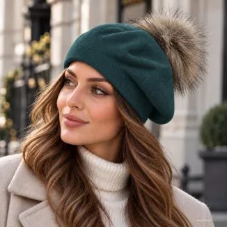 Zimowy Beret Damski Butelkowa Zieleń Duży Pompon Naturalny Jenot W534C - 2
