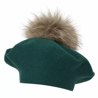 Zimowy Beret Damski Butelkowa Zieleń Duży Pompon Naturalny Jenot W534C - 3