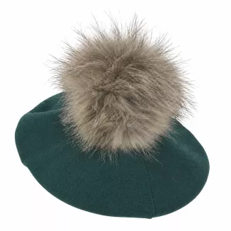 Zimowy Beret Damski Butelkowa Zieleń Duży Pompon Naturalny Jenot W534C - 4
