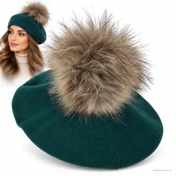 Zimowy Beret Damski Butelkowa Zieleń Duży Pompon Naturalny Jenot W534C