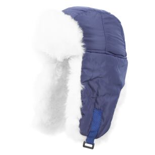 W232E Niebiesko-biała Ciepła zimowa czapka uszatka zapinana pod szyję