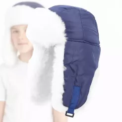 Chłopięca Niebiesko-biała Ciepła zimowa czapka uszatka zapinana pod szyję W232E