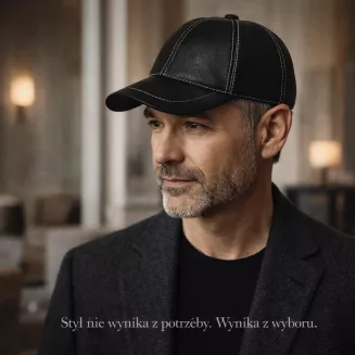 Czarna skórzana czapka bejsbolówka premium z kontrastowym przeszyciem K248F Polar Fashion - 7