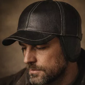 Czarna skórzana czapka bejsbolówka premium z kontrastowym przeszyciem K248F Polar Fashion - 8