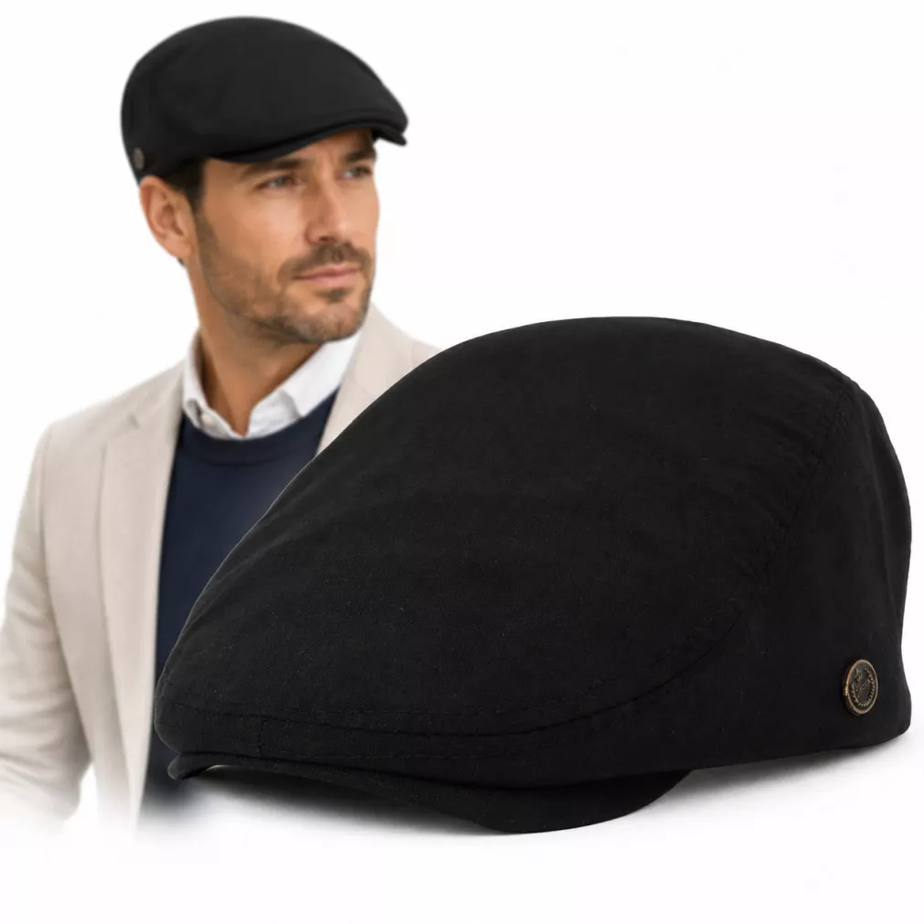 Kaszkiet Męski Bawełniany Czarny Letni Czapka Flat Cap Gładki Lato K312G
