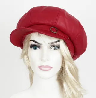 K254A Czerwony kaszkiet  skórzany  z osłoną na uszy i kark - 2