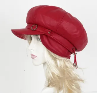 K254A Czerwony kaszkiet  skórzany  z osłoną na uszy i kark - 5