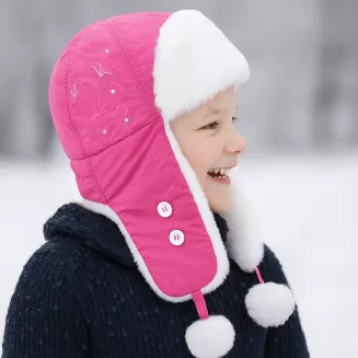 Dziewczęca czapka zimowa uszatka W149A malinowa ciepła z pomponami Polar Fashion - 5