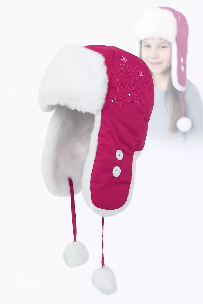 Dziewczęca czapka zimowa uszatka W149A malinowa ciepła z pomponami Polar Fashion