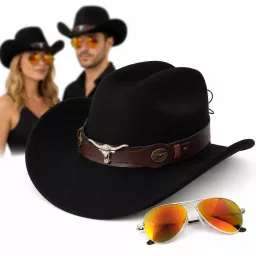Kapelusz Kowbojski Ciemny Zestaw Okulary Pilotki Western Męski Damski R260D