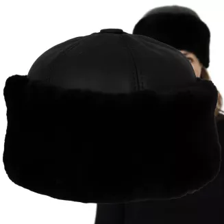 Toczek Skórzany Czarny Zimowy Unisex  z Futrem Polar Fashion W518K - 7