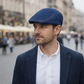 Ciemnoniebieski Kaszkiet Męski Jeansowy 100% Bawełna Polar Fashion K300C - 7