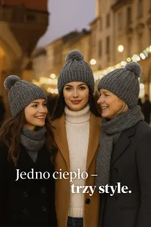 Ciepły Komplet Zimowy W475B Grafitowy Czapka z Pomponem i Szalik Damski - 6