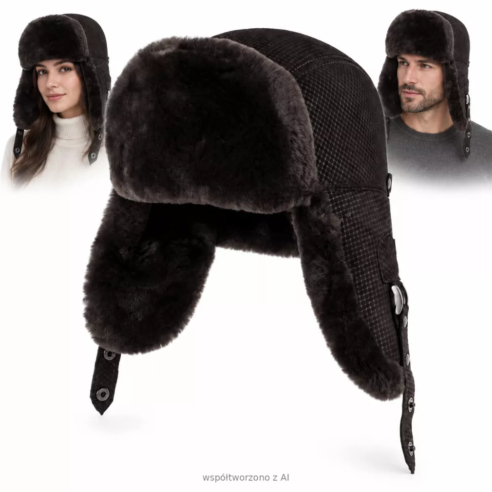 Czapka Zimowa Skórzana Pilotka Uszatka Unisex Ocieplana Futrem W533G