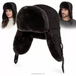 Czapka Zimowa Skórzana Pilotka Uszatka Unisex Ocieplana Futrem W533G