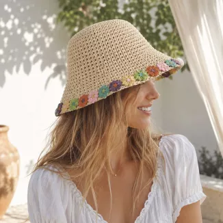 Beżowy Kapelusz Słomkowy R257F Boho Kwiaty Haftowane Kolorowe Szerokie Rondo - 3