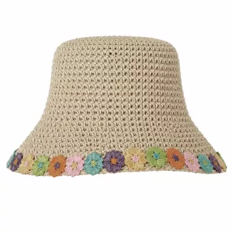 Beżowy Kapelusz Słomkowy R257F Boho Kwiaty Haftowane Kolorowe Szerokie Rondo - 5