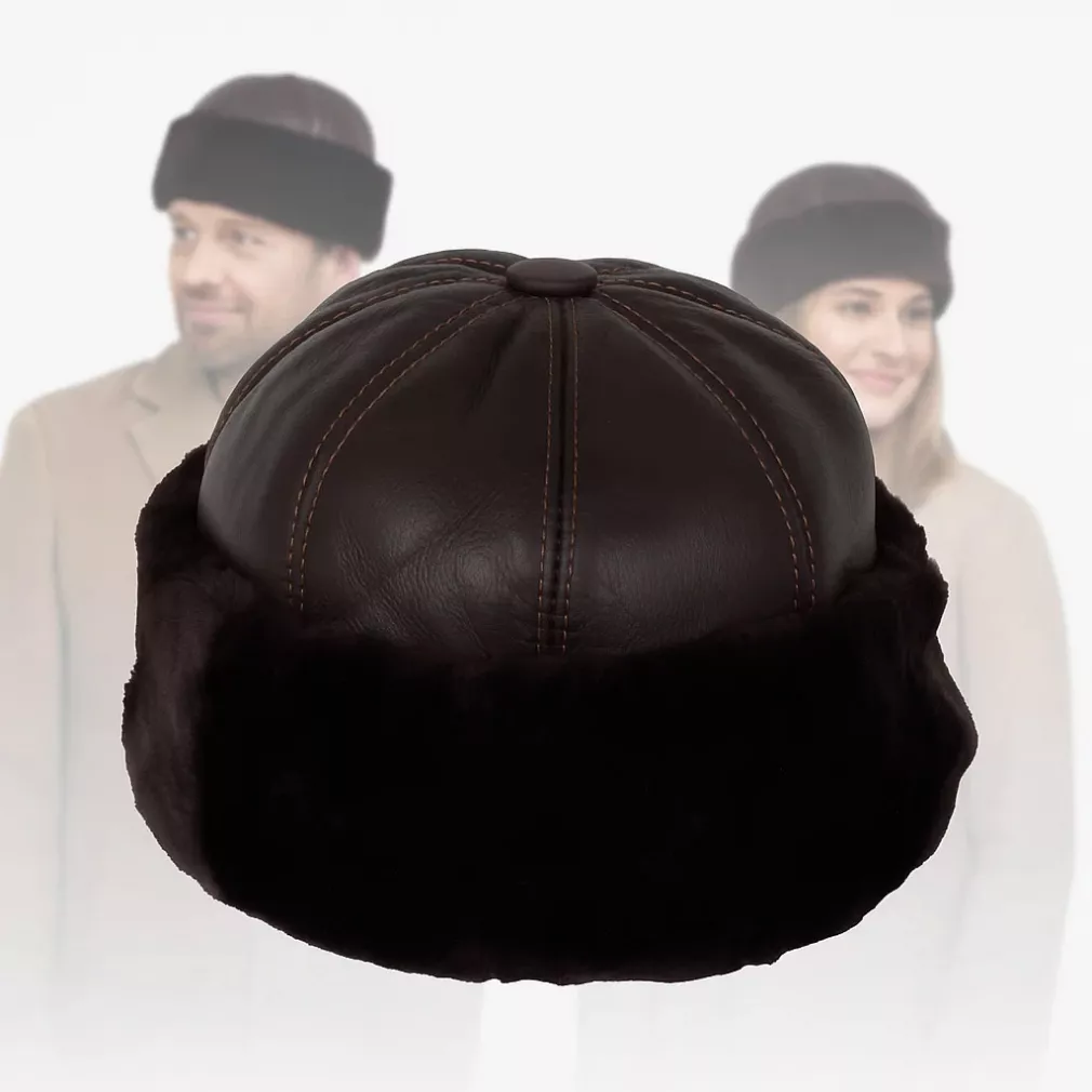 Toczek skórzany W518C brązowy z futerkiem Polar Fashion unisex