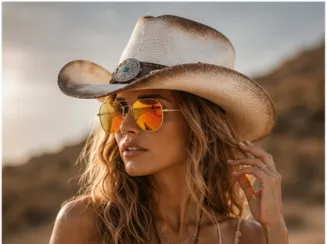Kapelusz Kowbojski Unisex Boho Western Ecru + Pilotki Festival Lato R253A - 2