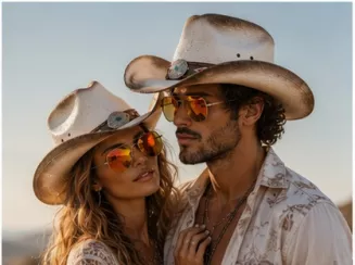 Kapelusz Kowbojski Unisex Boho Western Ecru + Pilotki Festival Lato R253A - 11