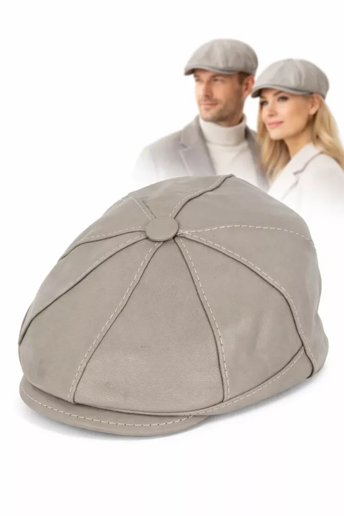 Skórzany kaszkiet Polar Fashion K233G – beżowo-popielaty, unisex ocieplany