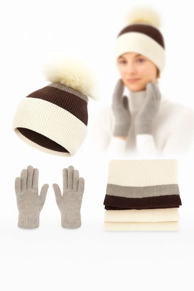 Damski Komplet Zimowy W453E Polar Fashion – Beżowo-Brązowy 3-częściowy
