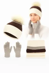 Damski Komplet Zimowy W453E Polar Fashion – Beżowo-Brązowy 3-częściowy