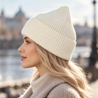 Zimowa Czapka damska zimowa ecru prążkowana z wywinięciem wiskoza W535A - 4