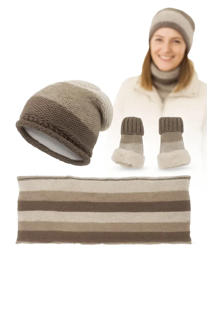 Komplet Czapka Komin Rękawiczki-Mitenki W375AK Beżowo-Brązowy Polar Fashion