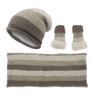 W375AK Beżowo-brązowa Damski komplet czapka zimowa komin rękawiczki wełna kaszmir Polar Fashion