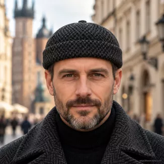 Dokerka męska czapka bez daszka Leonka Fisherman grafitowa w pepitka K325E - 4
